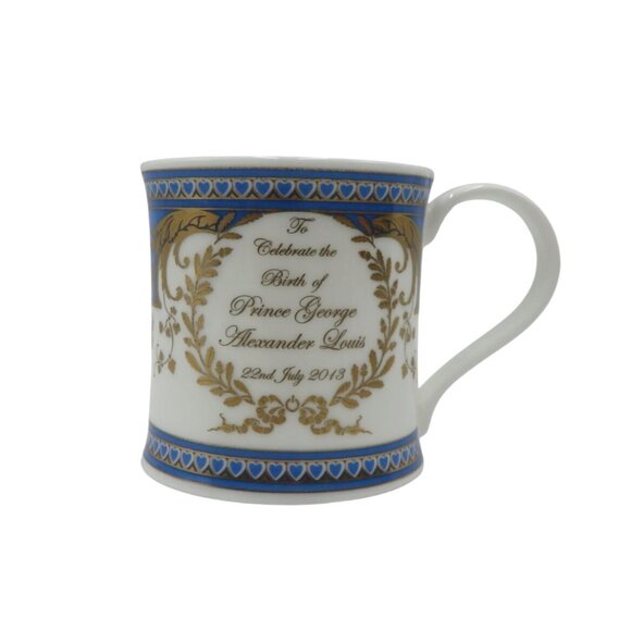 Prince George Birth Mug Dunoon Fine Bone China England Blue & Gold Heart Pattern - Picture 1 of 10
